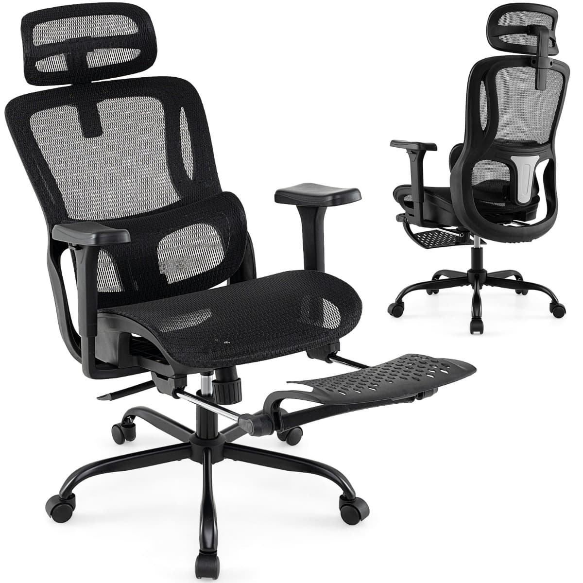CostwayChaise de Bureau Ergonomique Chaise d'Ordinateur avec Repose-pieds Rétractable Soutien Lombaire Réglable et Accoudoirs Noir