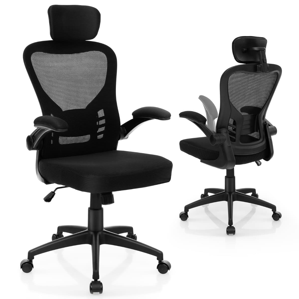 CostwayChaise de Bureau Ergonomique en Maille Chaise de Direction Accoudoirs Rabattables Hauteur et Appui-tête et Soutien Lombaire Réglables Noir