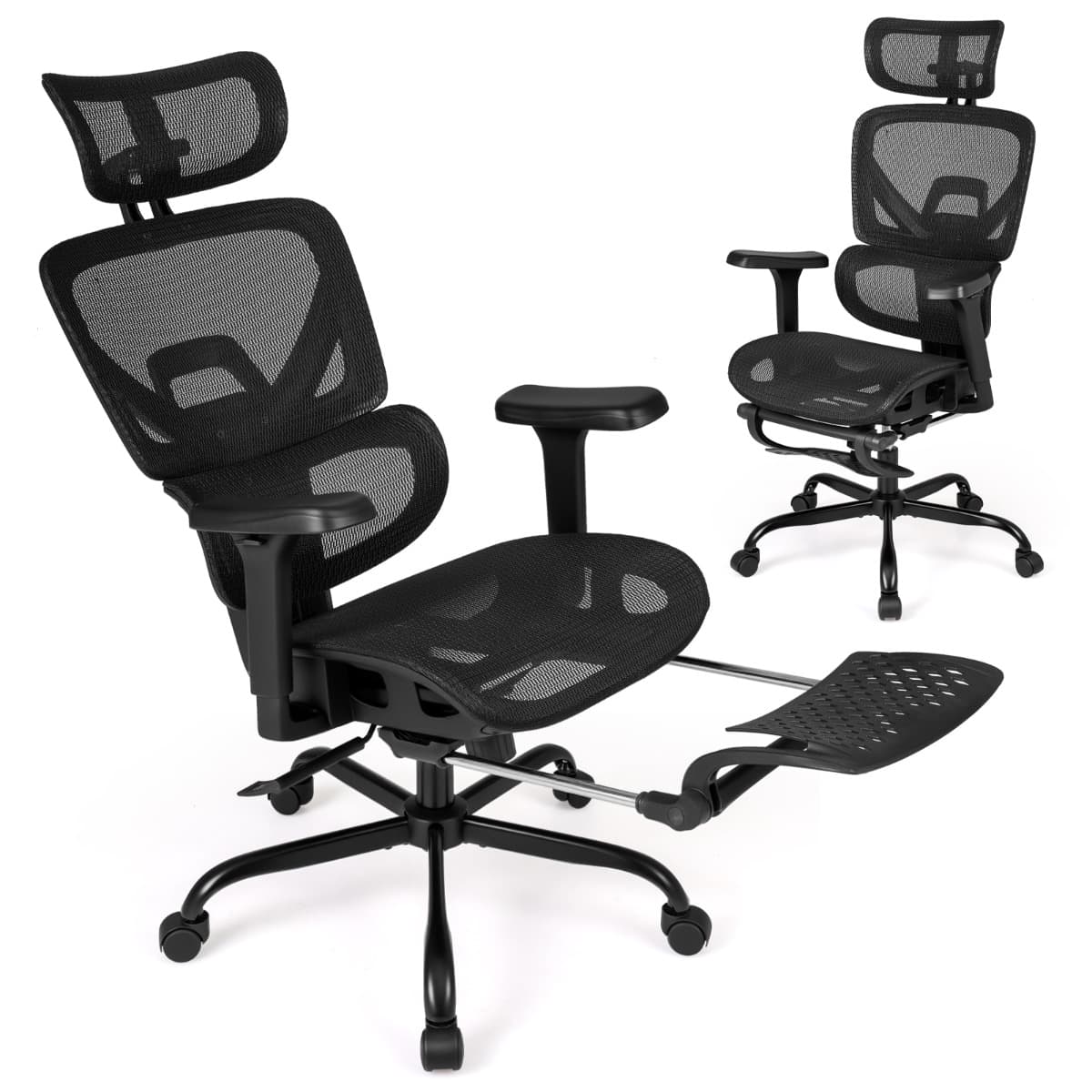 Chaise de Bureau Ergonomique en Maille avec Repose-Pieds Pivotante & Roulante avec Soutien Lombaire