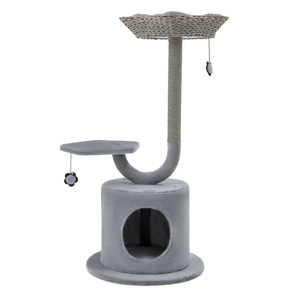 CostwayArbre à chat 106 CM Perchoir Condo et 2 Balles Suspendues Tour à Chat Poteaux de Soutien en Métal et Coussin Amovible Gris